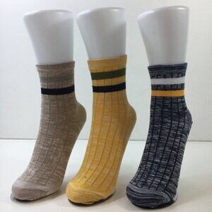 3 Pack Unisex Patterned Crew Socks Set Beige Yellow Blue Stripe Design
